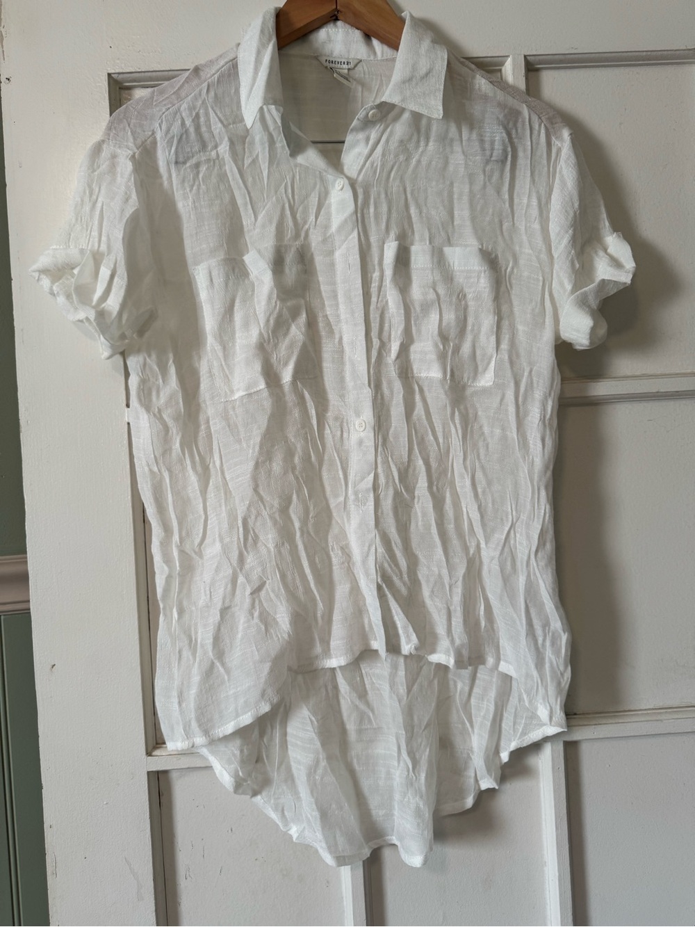 Forever 21 Cream Short-Sleeve Button Top
